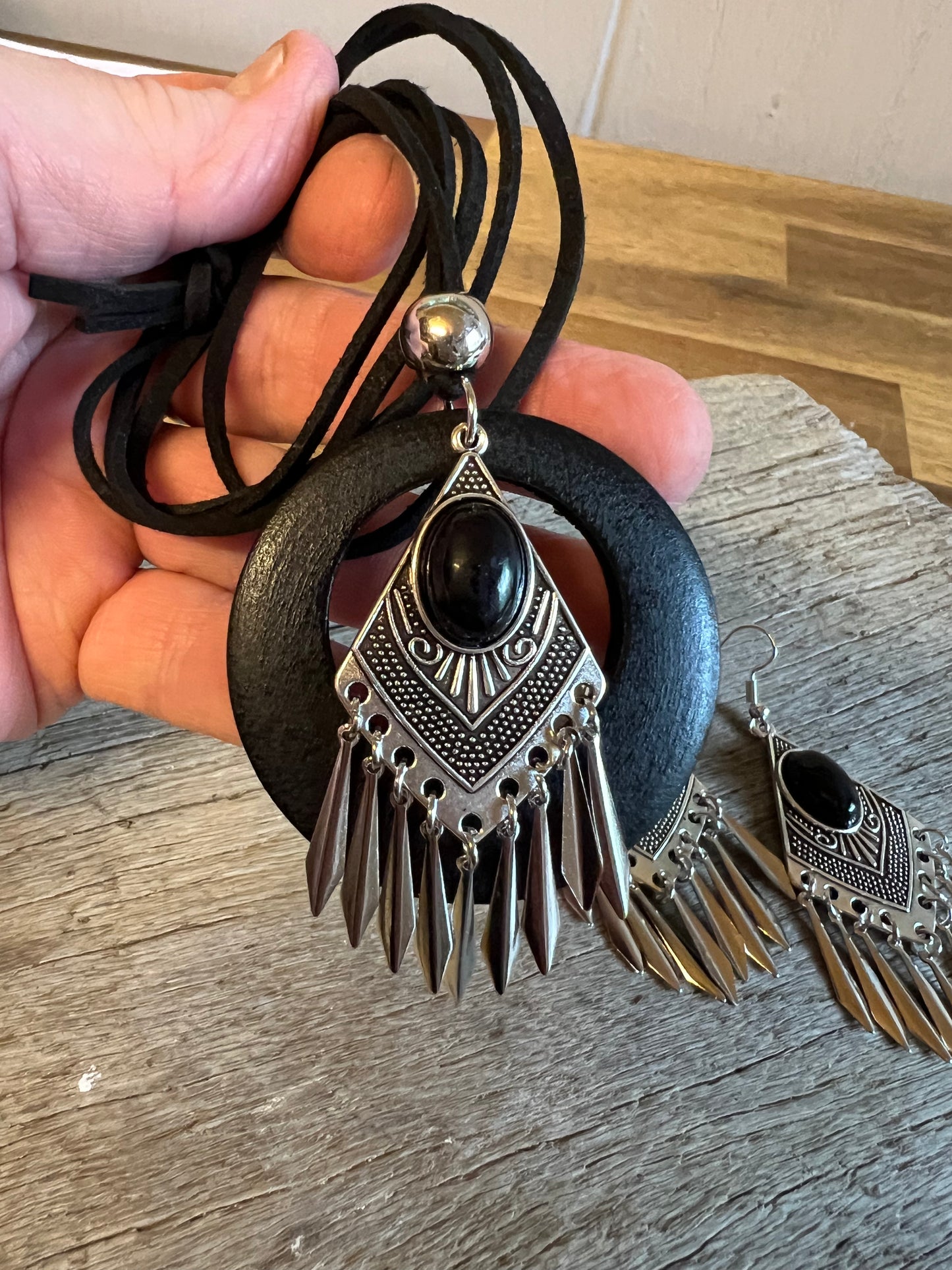 Antique Silver Onyx Pendant Earring Set