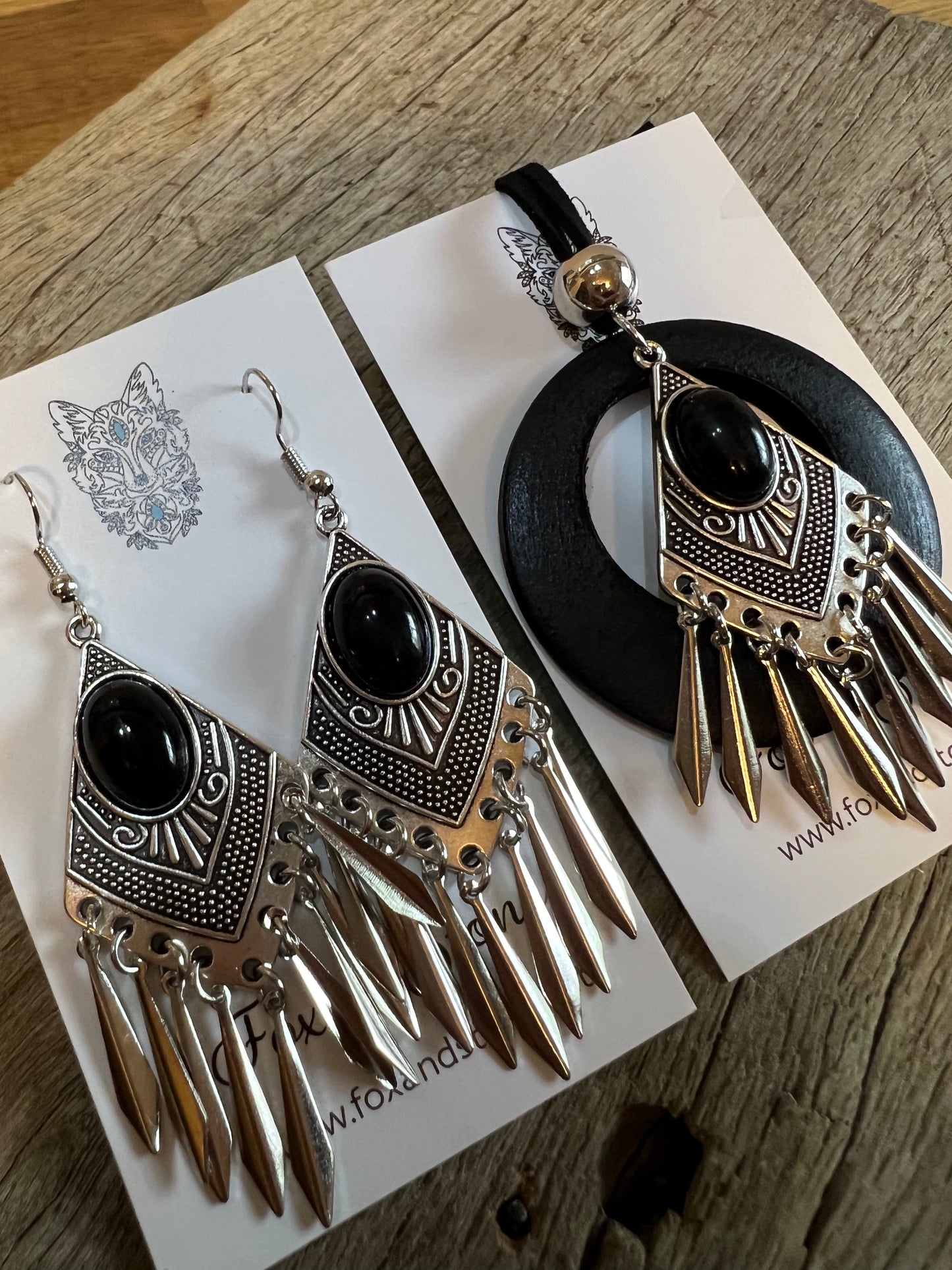 Antique Silver Onyx Pendant Earring Set