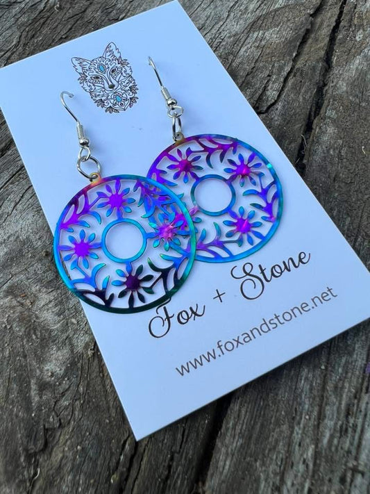 Round Floral Iridescent Filigree Earrings