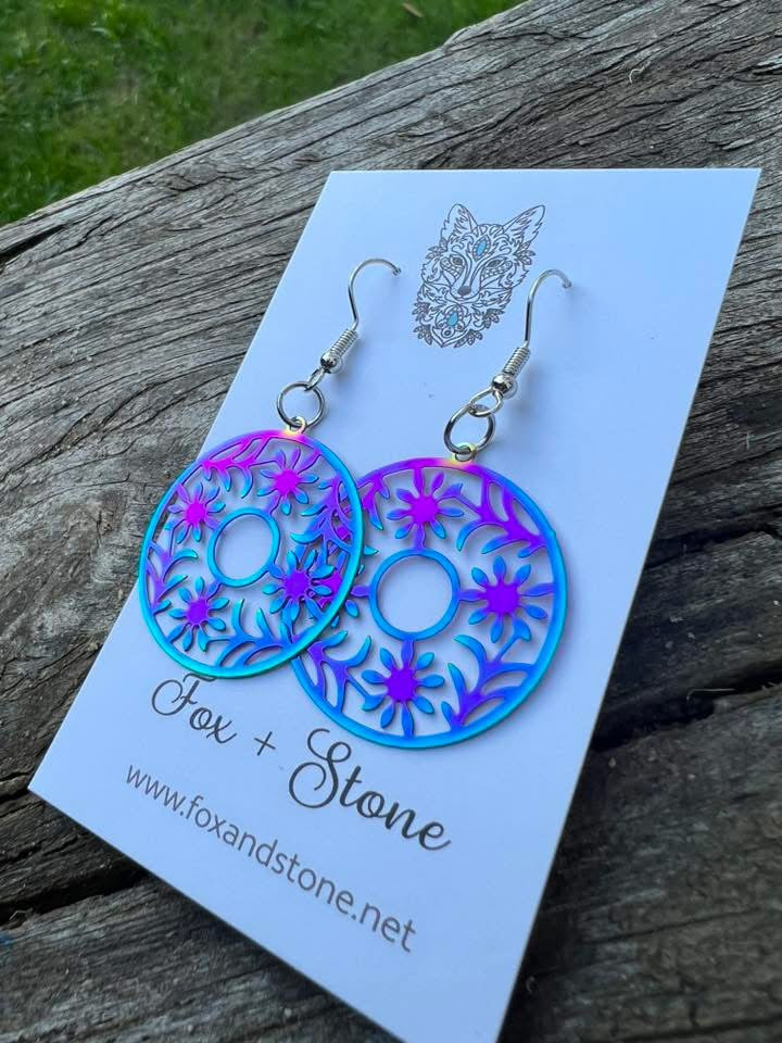 Round Floral Iridescent Filigree Earrings