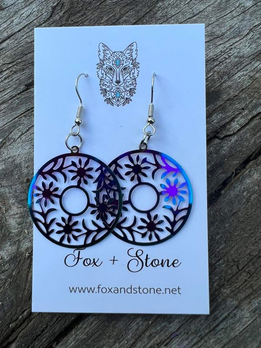 Round Floral Iridescent Filigree Earrings