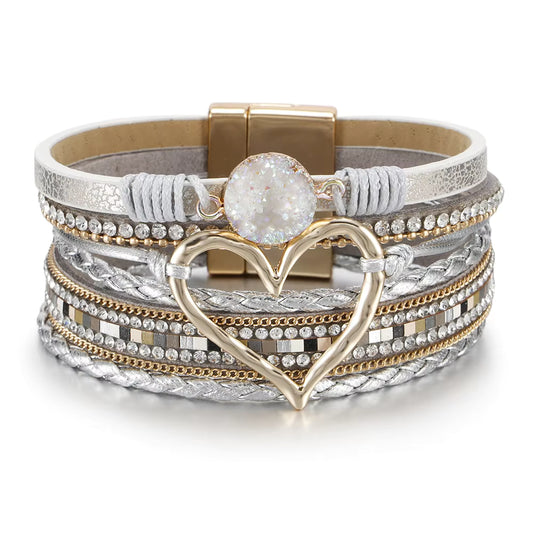 Silver Boho Druzzy Stone Faux Leather Bracelet