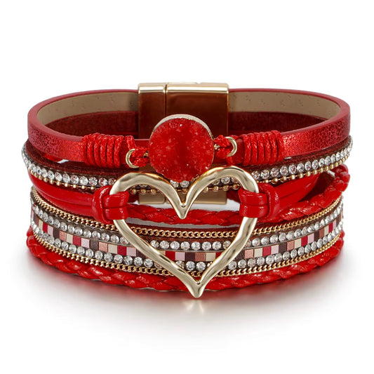 Red Boho Druzzy Stone Faux Leather Bracelet