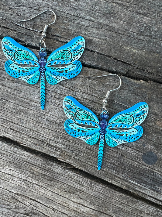Pretty Blue Dragonfly Filigree Earrings