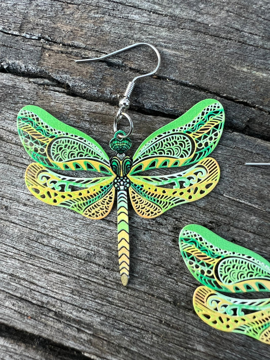 Pretty Green Dragonfly Filigree Earrings
