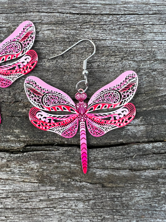 Pretty Pink Dragonfly Filigree Earrings