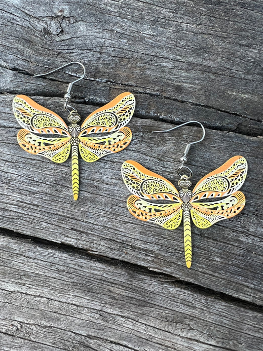 Pretty Lemon Tang Dragonfly Filigree Earrings