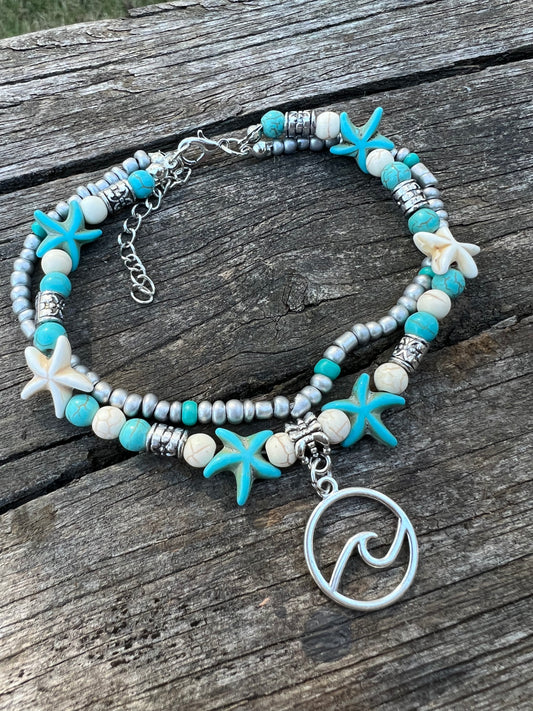 Waves Turquoise Bead Layered Anklet