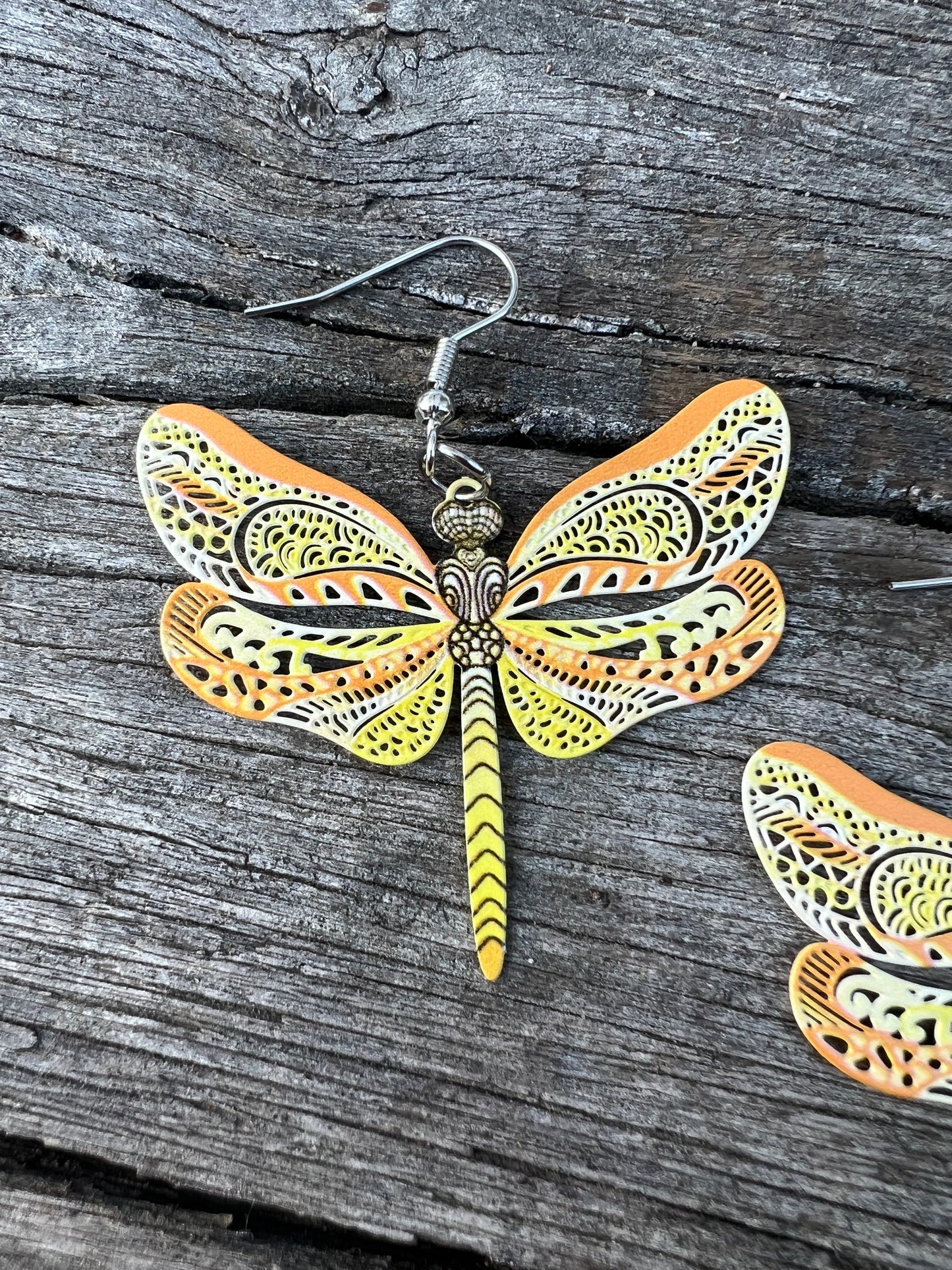 Pretty Lemon Tang Dragonfly Filigree Earrings