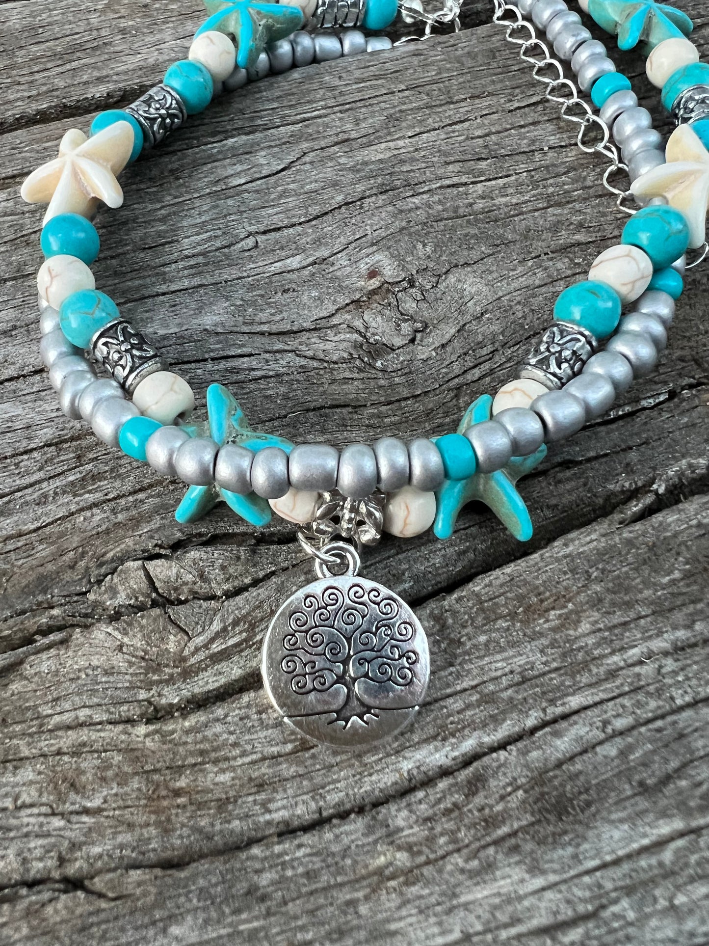 Tree of Life Turquoise Bead Layered Anklet