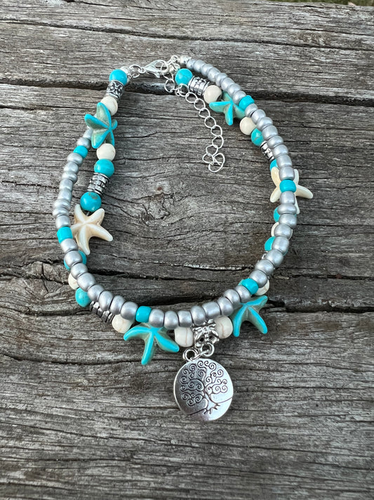Tree of Life Turquoise Bead Layered Anklet
