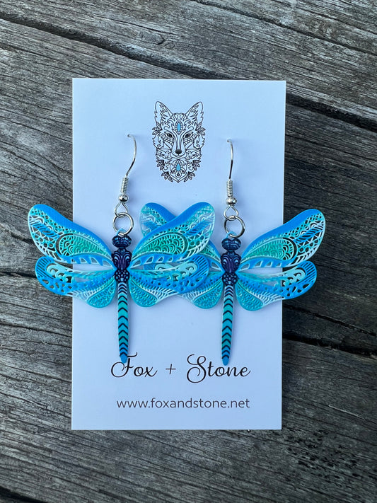 Pretty Blue Dragonfly Filigree Earrings