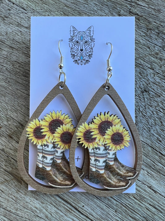 Sunflower Boots Natural Wood Earrings