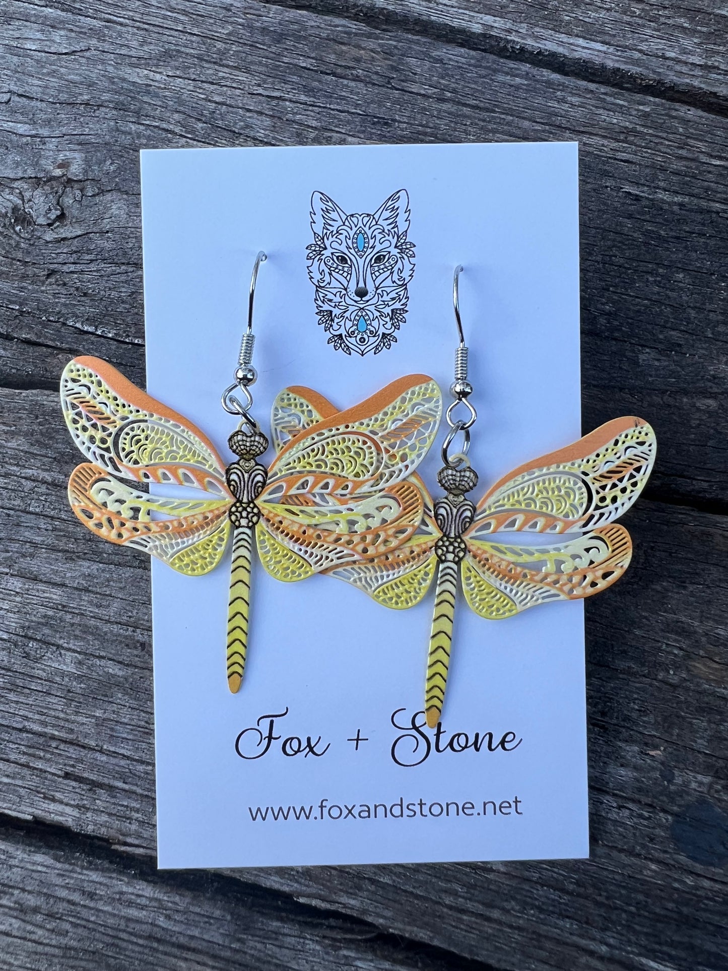 Pretty Lemon Tang Dragonfly Filigree Earrings