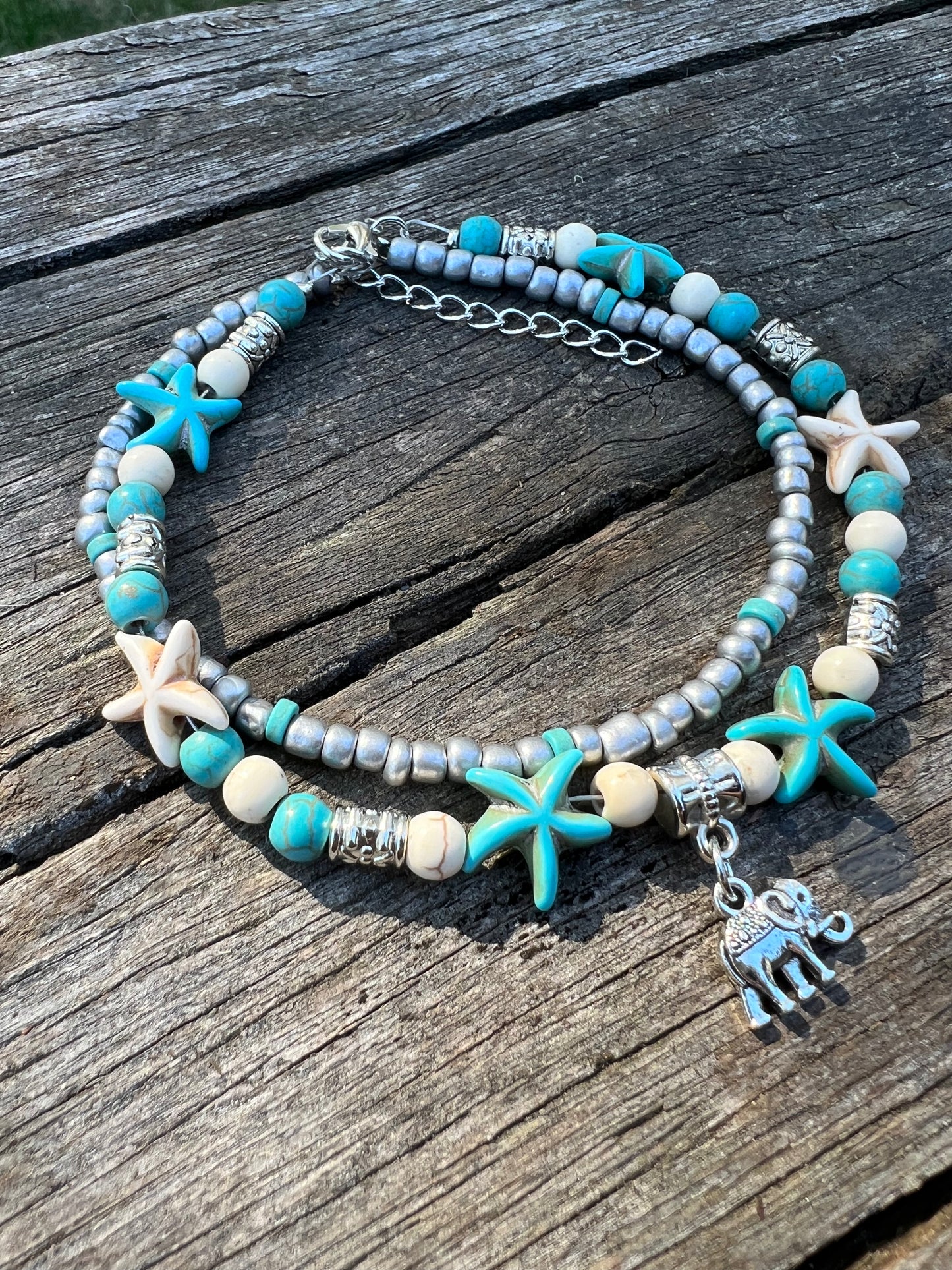 Elephant Turquoise Bead Layered Anklet