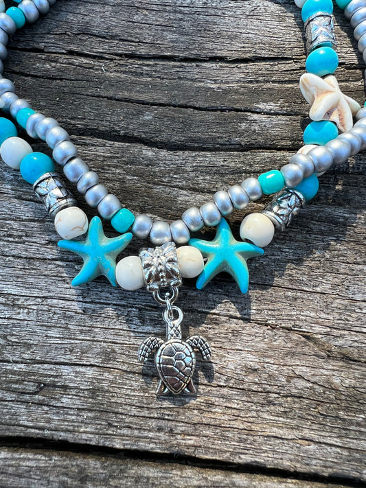 Turtle Turquoise Bead Layered Anklet