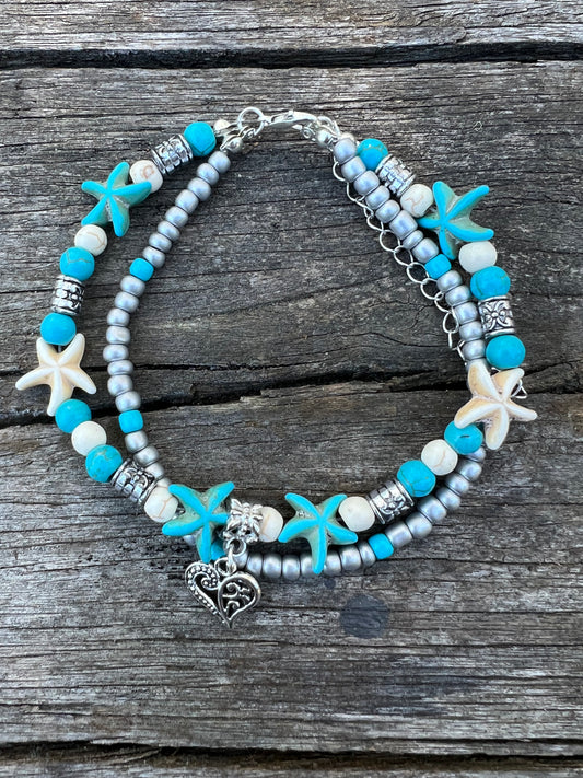 Pretty Heart Turquoise Bead Layered Anklet