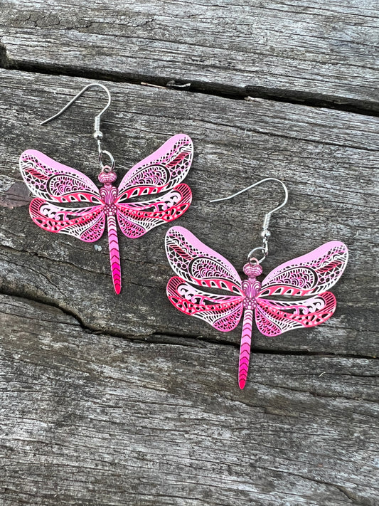 Pretty Pink Dragonfly Filigree Earrings