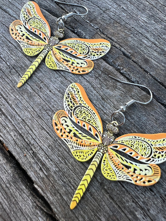 Pretty Lemon Tang Dragonfly Filigree Earrings
