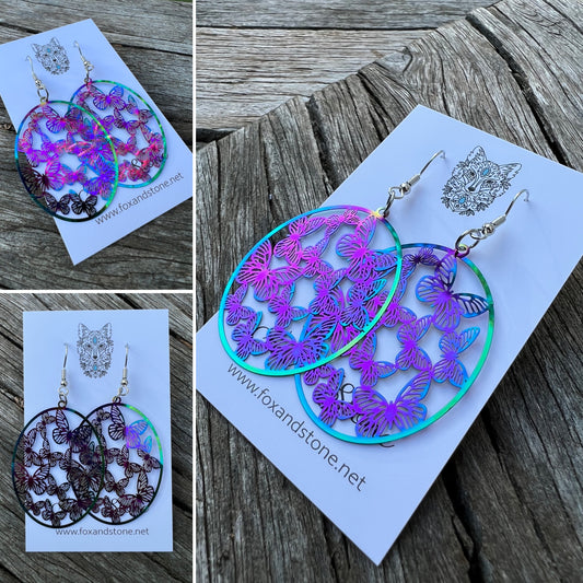 Oval Butterfly Iridescent Filigree Earrings