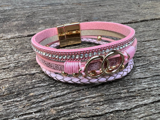 Double Ring Charm Layered Bracelet PINK