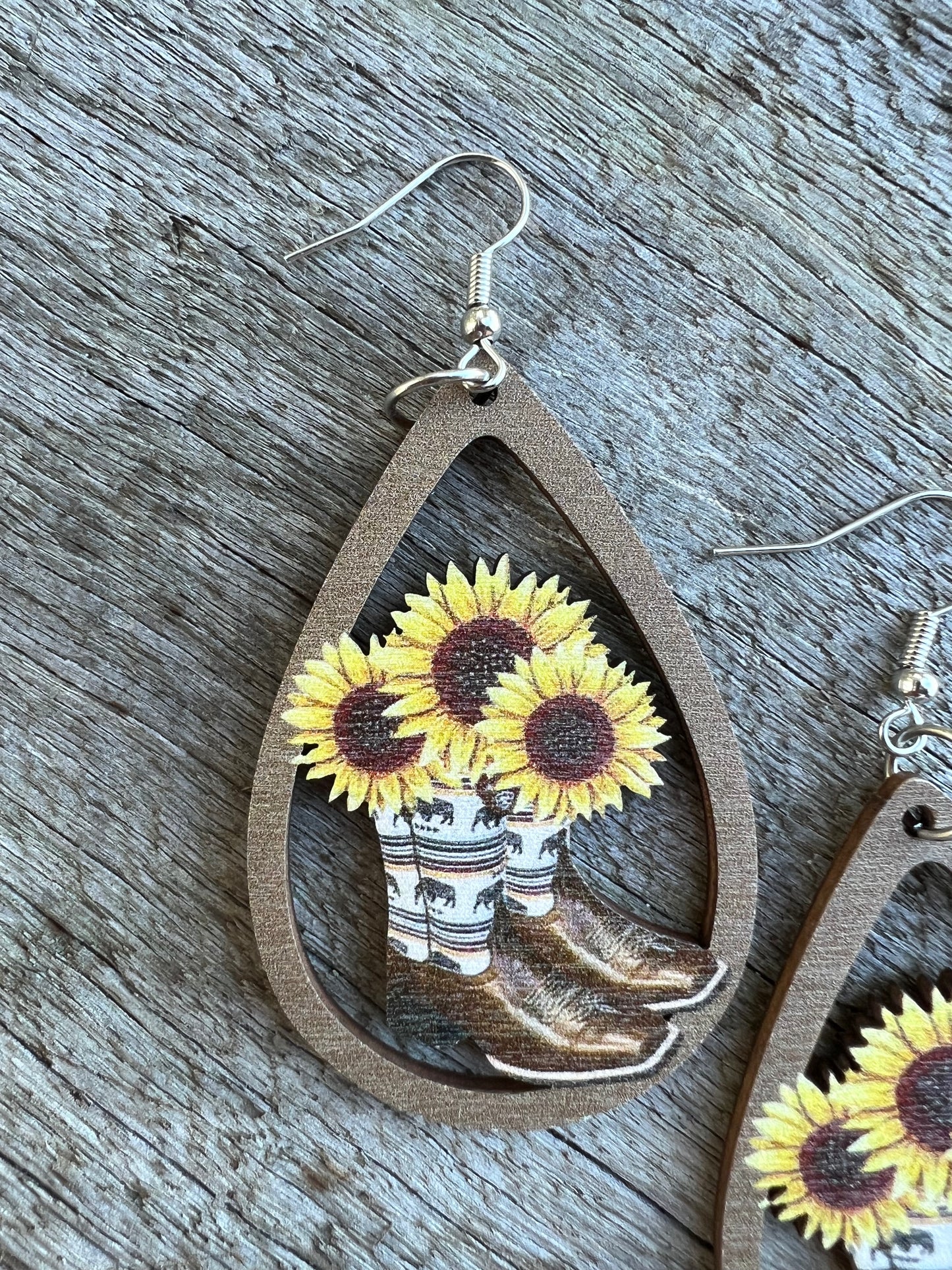 Sunflower Boots Natural Wood Earrings
