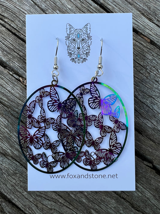 Oval Butterfly Iridescent Filigree Earrings