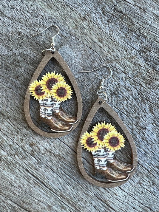 Sunflower Boots Natural Wood Earrings