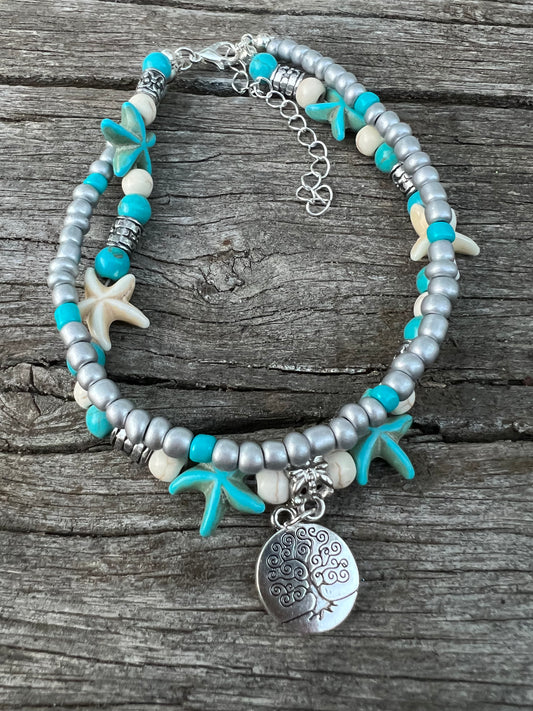 Tree of Life Turquoise Bead Layered Anklet