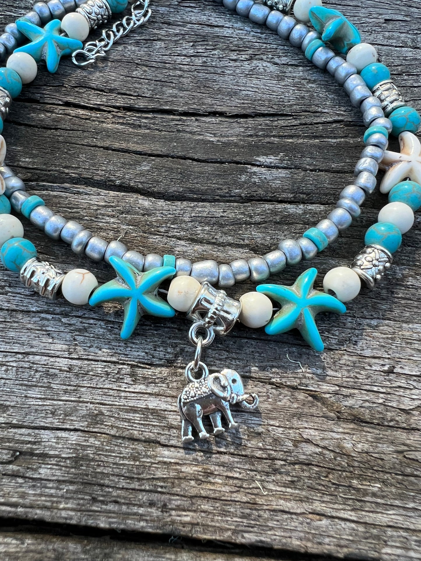 Elephant Turquoise Bead Layered Anklet