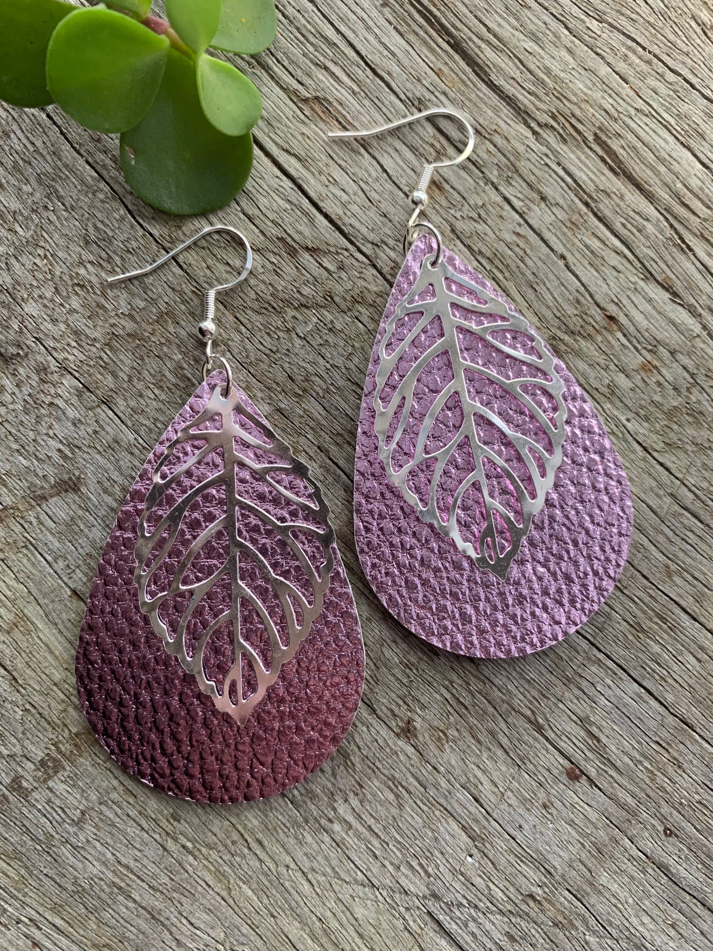 Pink Silver Leaf Vegan Earrings