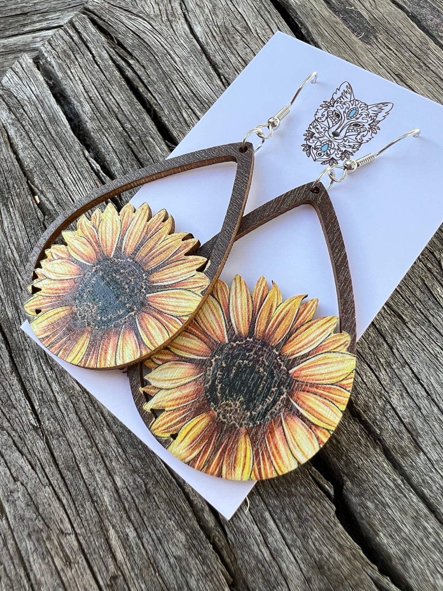 Beautiful Sunflower Natural Wood Earrings
