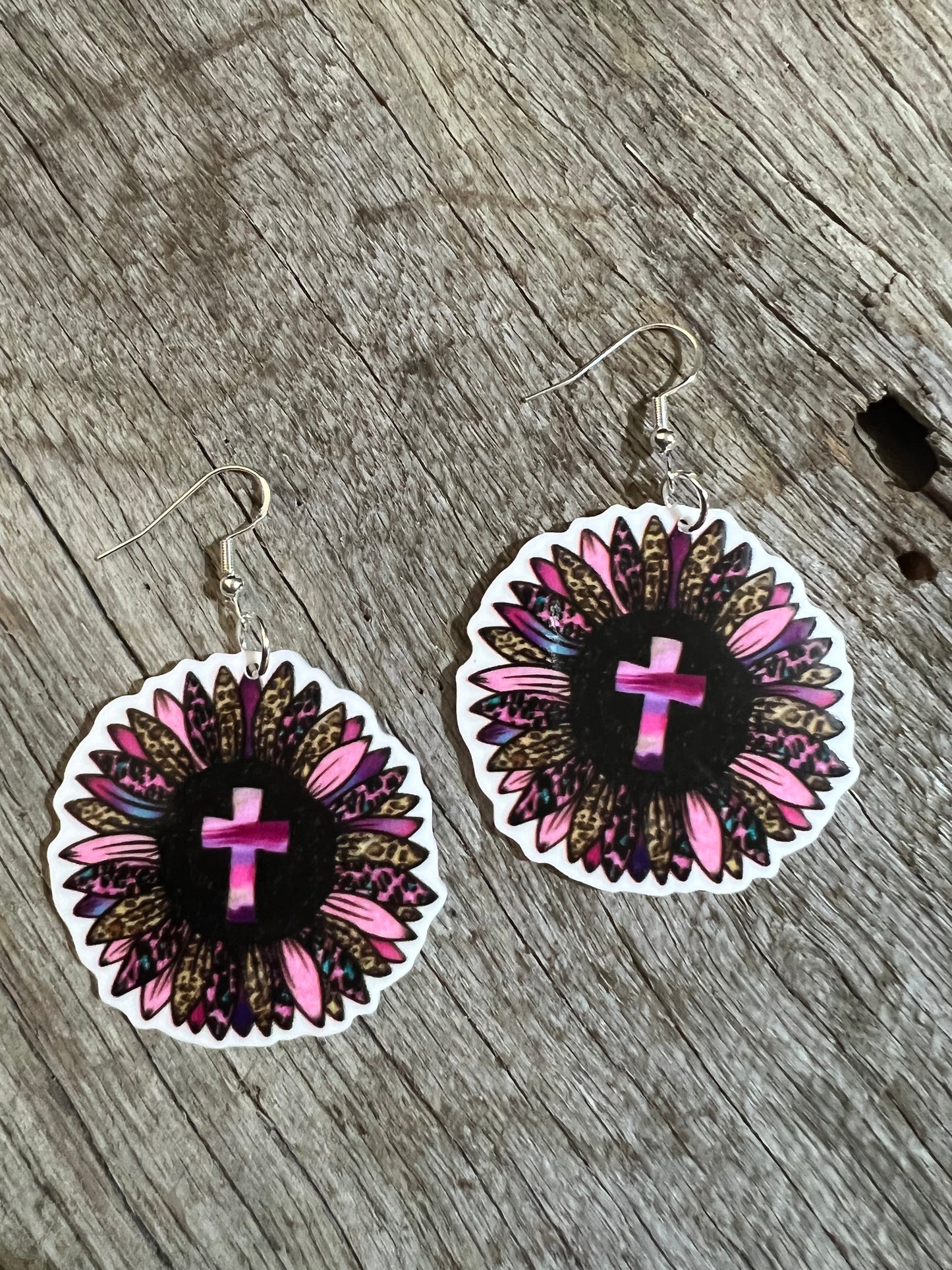 Pink Cross Leopard Sunflower Earrings