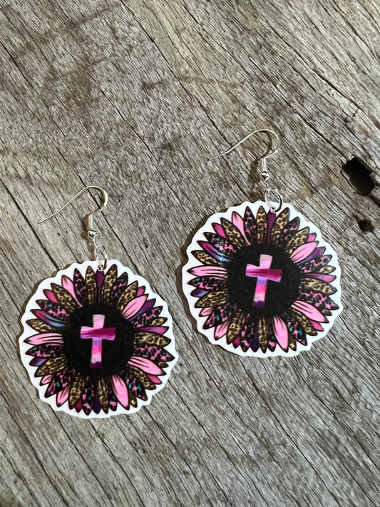 Pink Cross Leopard Sunflower Earrings