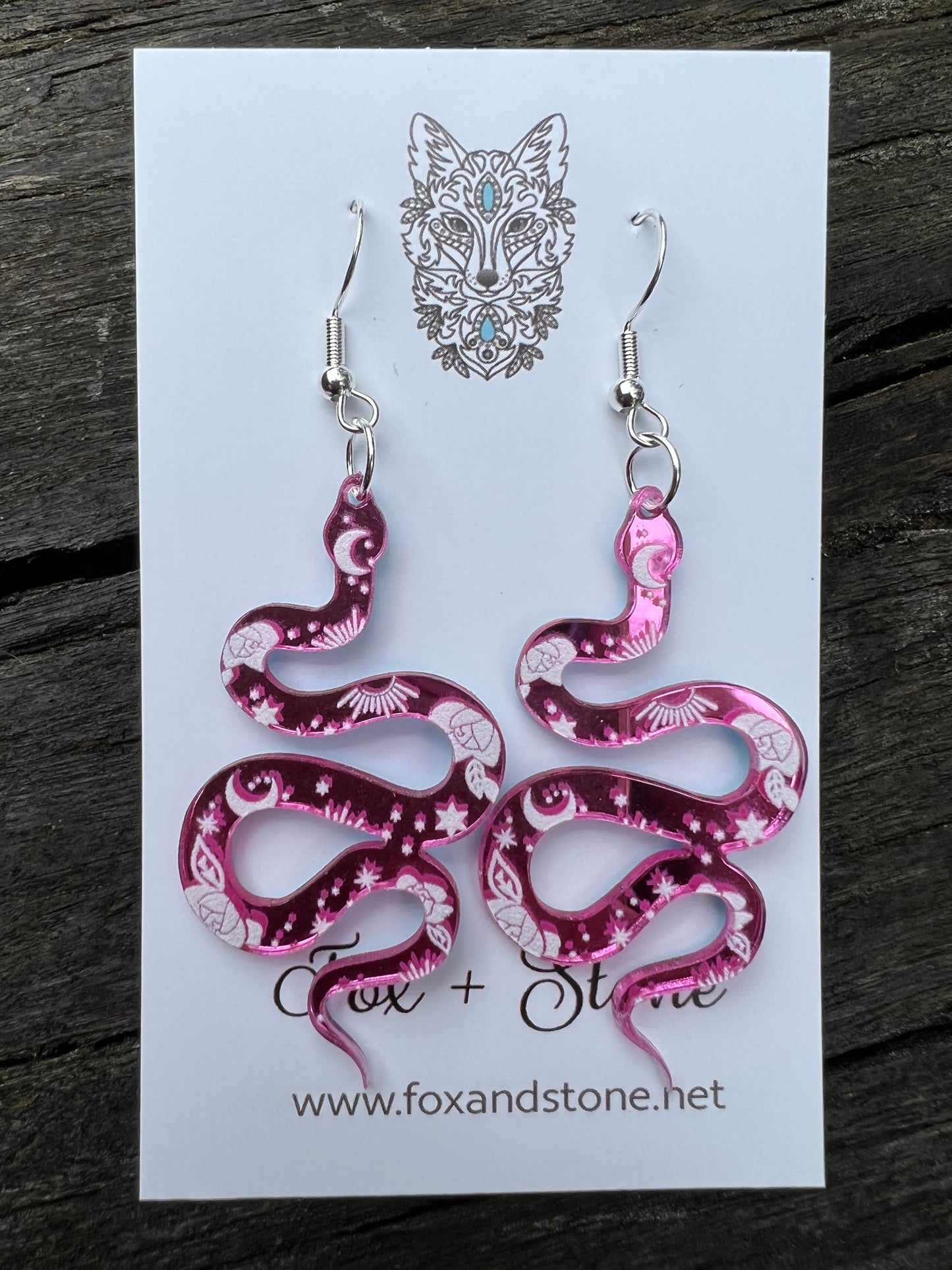 Pink Mirror Moon Snake Earrings