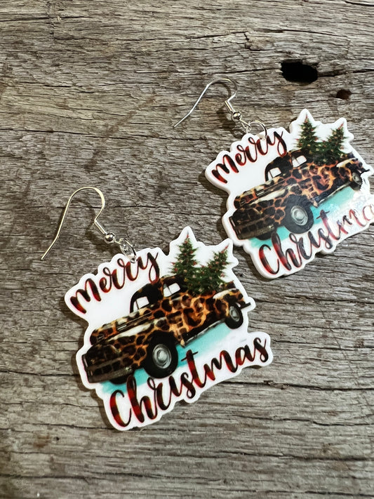 Christmas Leopard Truck Resin Earrings