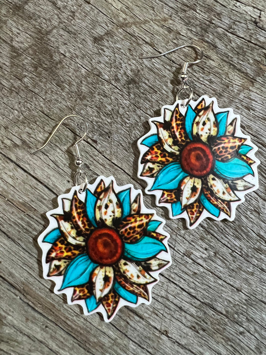 Blue Leopard Sunflower Earrings