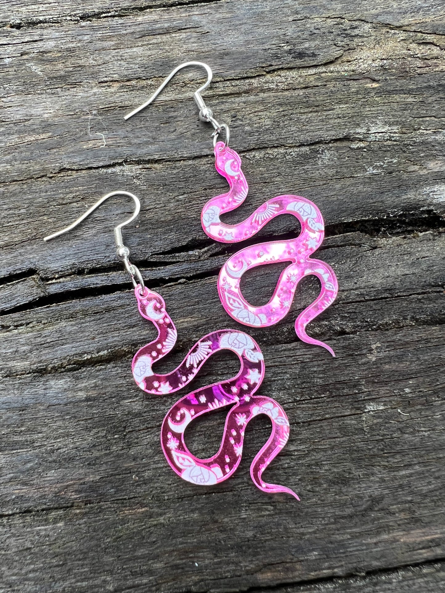 Pink Mirror Moon Snake Earrings