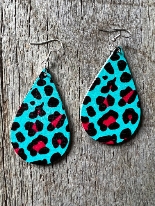 Blue Leopard Print Wood Earrings