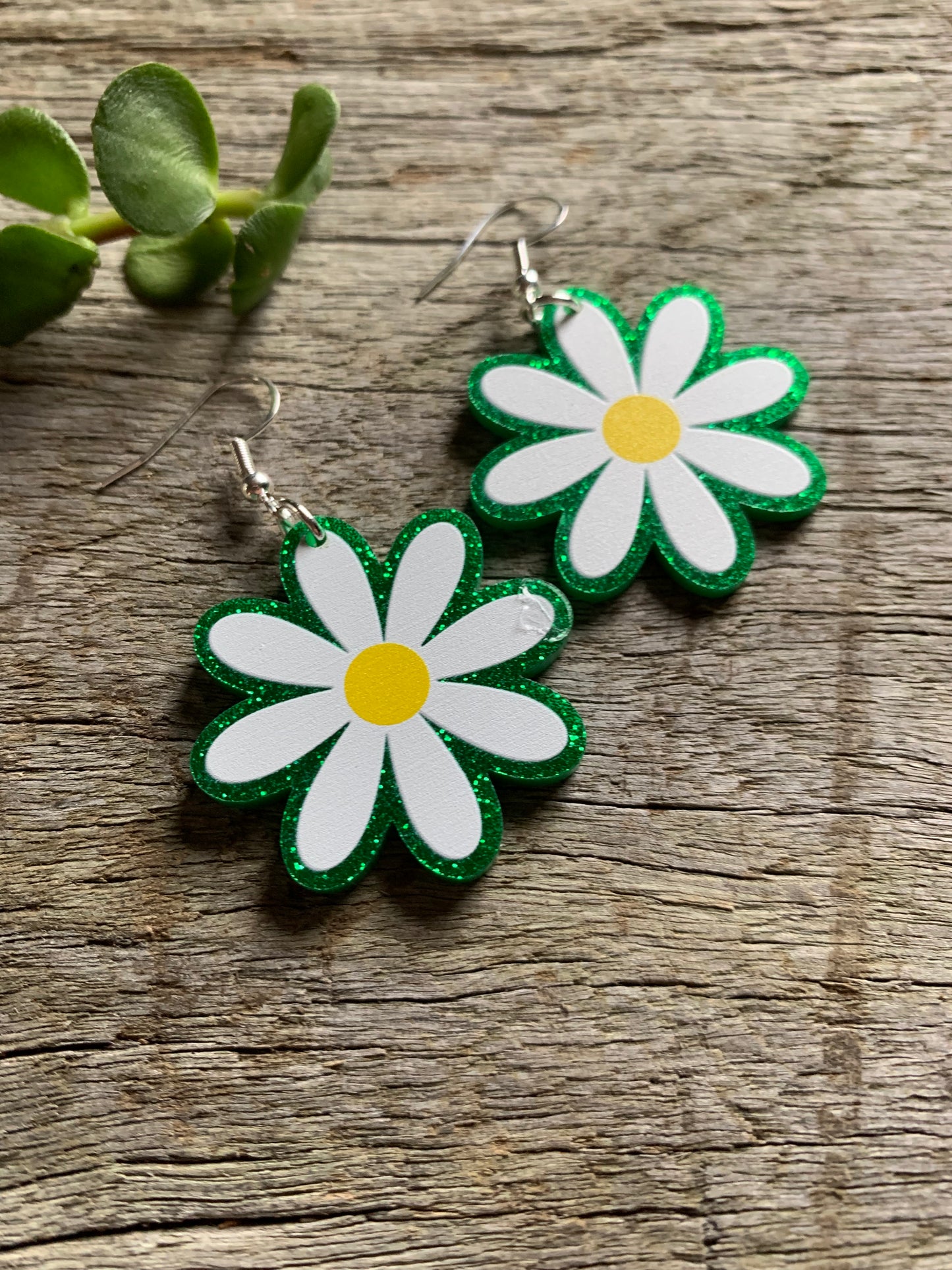 Green Daisy Glitter Earrings