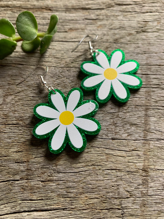 Green Daisy Glitter Earrings