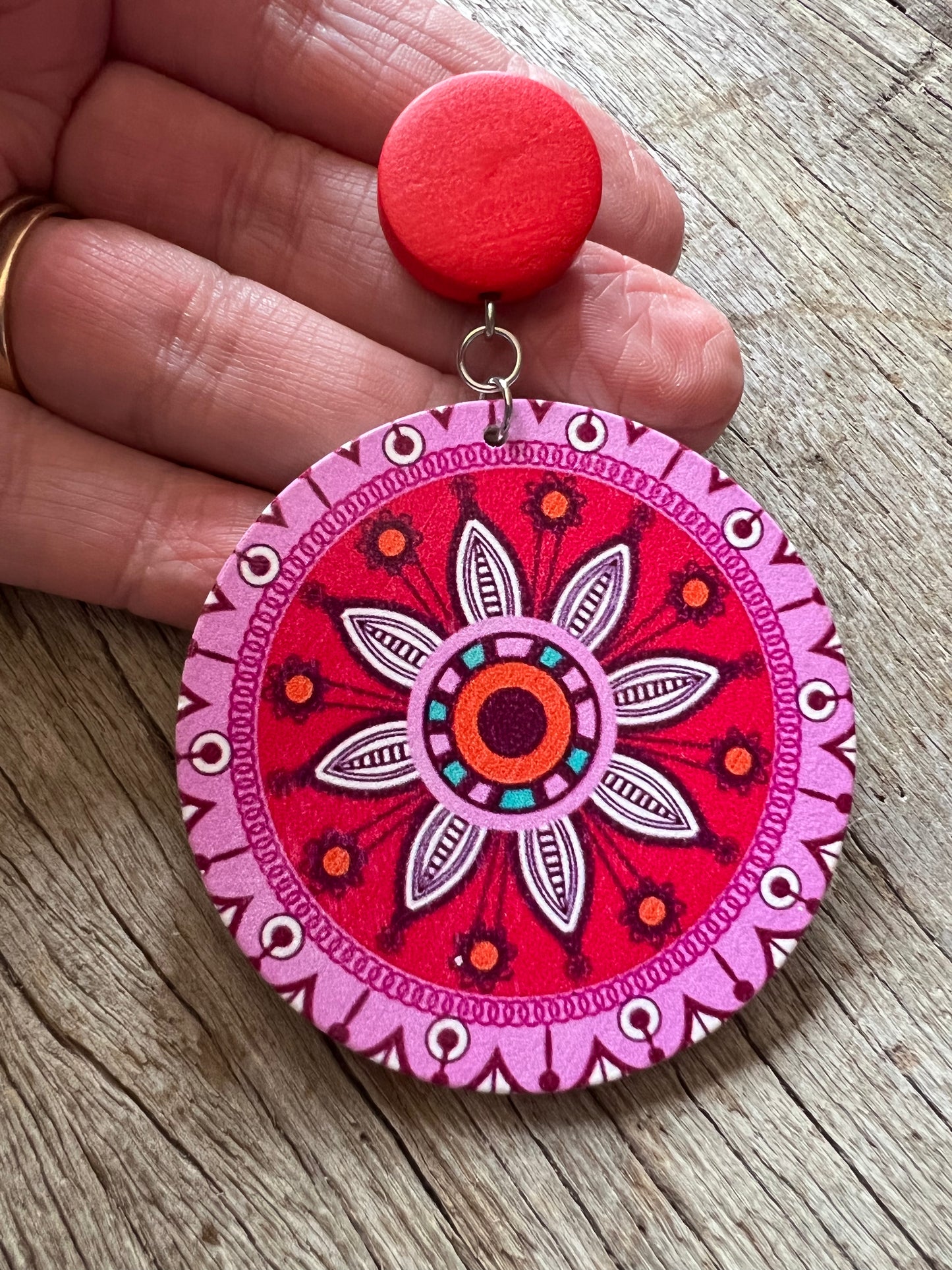 Big Bold Pink Print Wood Earrings