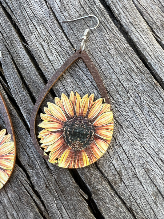 Beautiful Sunflower Natural Wood Earrings