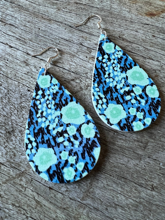 Blue Floral Print Wood Earrings