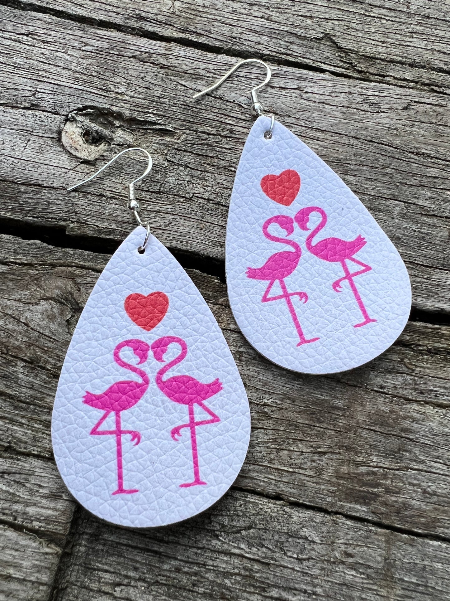 Double Flamingo Heart Faux Leather Earrings