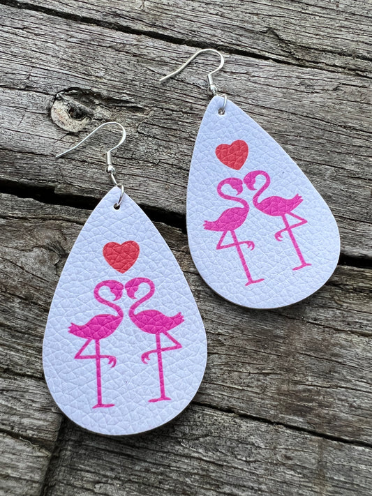 Double Flamingo Heart Faux Leather Earrings