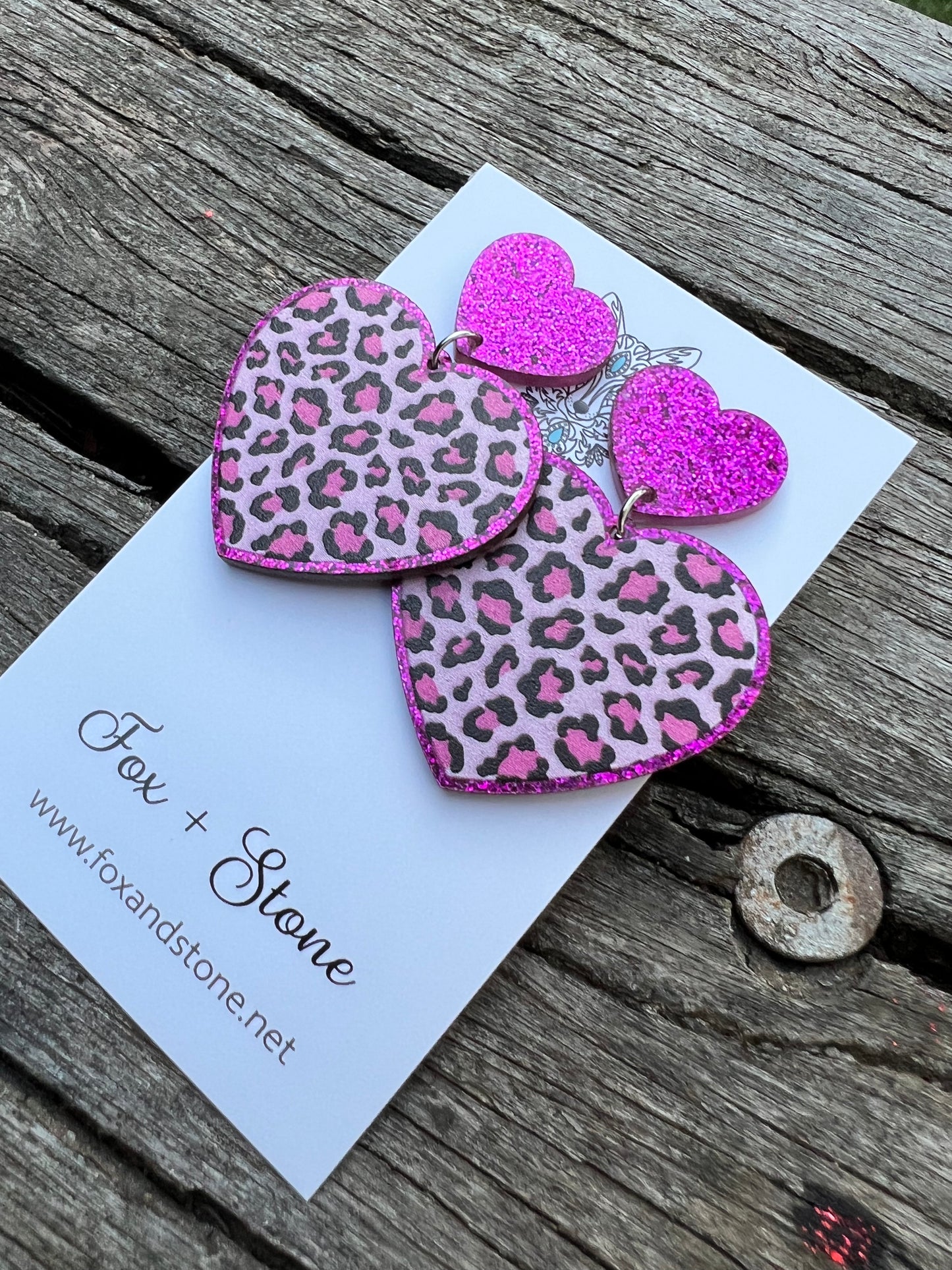 Hot Pink Leopard Glitter Hearts Earrings