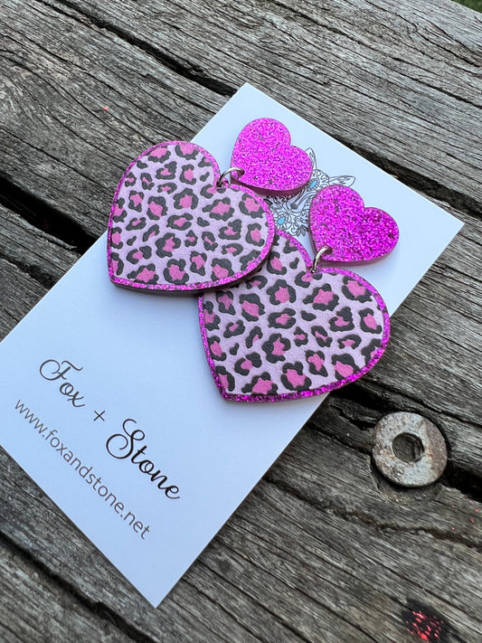 Hot Pink Leopard Glitter Hearts Earrings