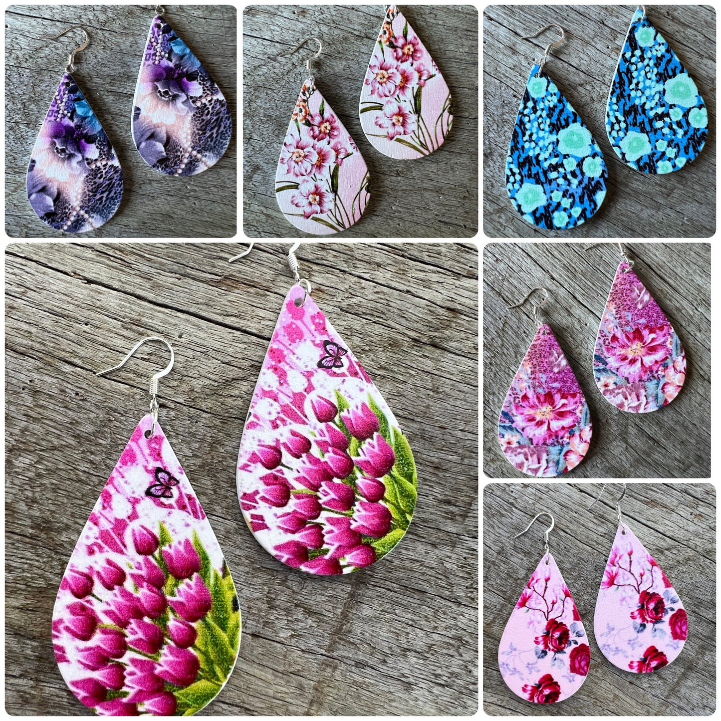 Blue Floral Print Wood Earrings