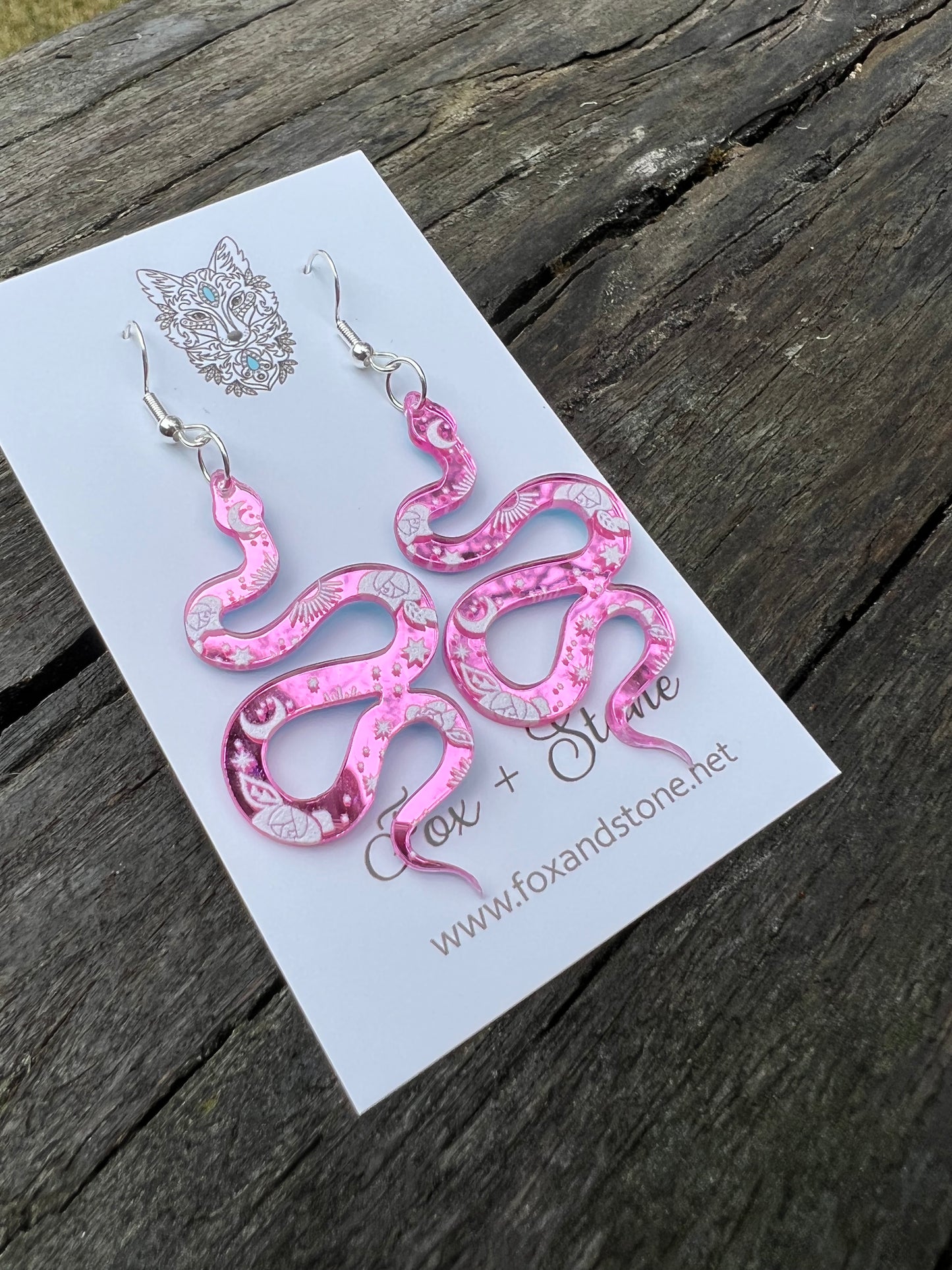 Pink Mirror Moon Snake Earrings